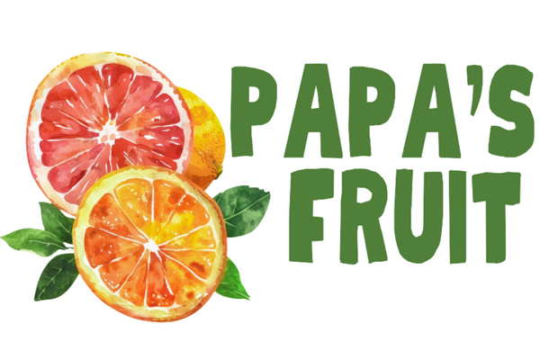 Logo for 'Papa's Fruit' with sliced fruits and green leaves on a white background